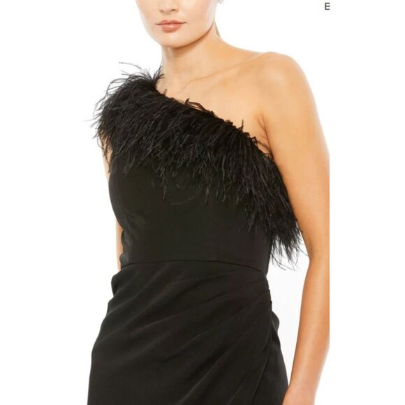 Mac Duggal 68147 Black Feather One Shoulder Midi Dress Cocktail Size 2 NEW - Picture 1 of 10